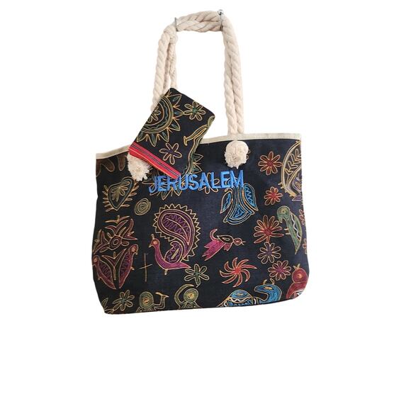 Embroidered Jerusalem Tote Bag with Coin Pouch – Boho Travel Shoulder Bag - Picture 1 of 4